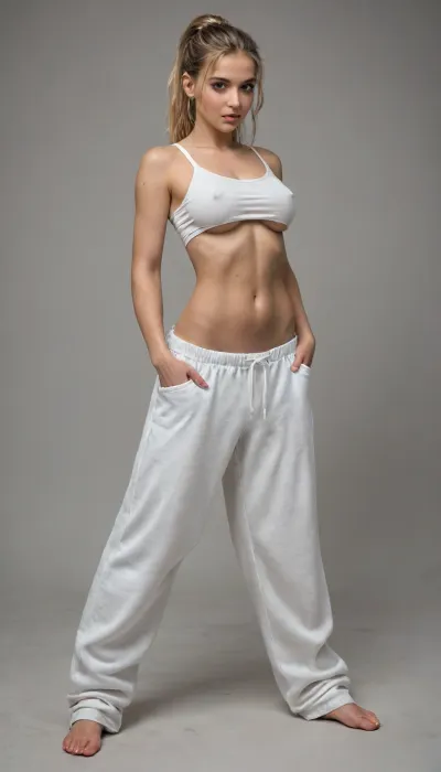 masterpiece, photorealistic, maximum details, an extremely beautiful young woman, massive boobs, blonde pussy, very slim waist, long straight blonde hair tied to a ponytail, twerking, legs wide spread, wearing baggy pants and extremely short baggy tanktop, underboobs, full body, big puffy hard nipples