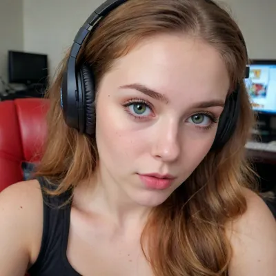 (18 Year old gamer girl:2), (headphones, twitch streamer, sitting in a gamer chair:1.5), (Irish, pale skin, freckles, freckles on face), (web cam snapshot, portrait, face portrait with emphasis on her eyes, close up of face, fisheye lens:1.5), (ring lighting, ringing lighting reflected in eyes), (Scandinavian and Irish features), (photorealistic, photo realistic, photorealism, photo realism:1.8), (4k, 8k, 8k resolution, best quality, ultra quality, highest quality, maximum quality, uncompressed, raw source photograph:1.2), (same color eyes, symmetric eyes, matching eyes, detailed eyes, detailed iris, detailed pupils, limbal ring around iris, perfectly round iris, perfectly round pupils:1.4), (detailed skin, high detailed skin, intricately detailed skin, perfectly detailed skin, high quality skin, highest quality skin, exquisitely textured skin), (intricate clothing, detailed clothing), (microblade eyebrows, perfectly manicured eyebrows), (flushed cheeks, flushed neck, blushing cheeks, blushing neck), (overfilled lips, juicy lips, filled lips, puffy lips, glossy lips, her thick wet lips are slightly parted, nervously biting lower lip, lip bite, lip biting), (casual makeup, subtle makeup, natural makeup), (narrow jaw, delicate jawline, pointed jaw and chin, heart shaped face, pixie face, fairy face, fae features, extremely feminine face, round face, chin, mouth, high cheekbones, sharp cheekbones, faint vellus hairs, cute tall tall tall dimpled cheeks), (upturned button nose, upturned nose, delicate nose, nose), (long hair, wavey hair, loose hair framing her face, messy hair, tousled hair, bed hair, sex hair, dark ginger hair with dark roots), (eyes slightly crossed, big eyes, wide eyes, doe eyes, slightly wide set eyes), (striking eyes, captivating eyes, mesmerizing eyes, fae eyes), (pale green eyes with golden flecks), (huge breasts, large breasts, large natural breasts), (athletic body, sporty body, lean body, muscular body, muscle shoulders, defined shoulders, rock climber body), (close up portrait of face, tight closeup of face, closely zoomed in on face, tight in on face, extreme closeup), (looking straight into the camera, looking straight ahead, head slightly raised, gazing lovingly straight into the camera, looking down on her from above), (she's in love, adoring gaze), (no nudes, nonnude), (relaxed posture, casual pose, casual outfit, casual attire, casual underwear), (loving expressing, adoring expression, joyous, joyful, pleased), (girlfriend, girlfriend material, girlfriend experience)
