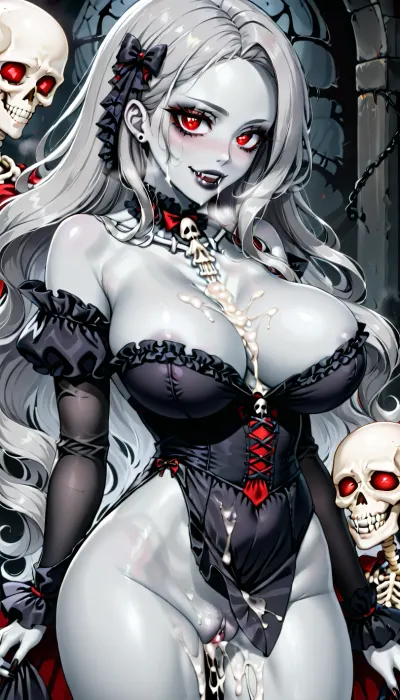 Vampire, age 35, gray skin color, red pupils, gray hair color, Gothic clothes, fangs visible, cum flowing from lips, big breasts visible, cum flowing from chest, skeleton fucks in vagina, cum flowing from vagina