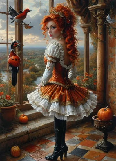 masterpiece, best quality, dark background, 1girl, solo, looking at viewer, long hair, ponytail, orange hair, very long hair, brown hair, magical girl, (style Michael Cheval:1.5), leather, halter, ball, gown, knee, length, short, elbow, gloves, full, body, shot, <lora:tbh129-sdxl:.8>, <lora:abstract_k_XL:.3>