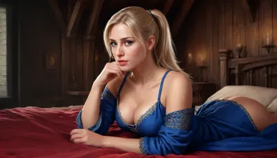 (Haelga, 40 year old, scandinavian, blonde medium hair ponytail, medium breasts, seductive face), inside medieval wooden house without windows, (medieval blue dress), (lying on medieval bed, resting head on arm, one hand on breast, squeezing one breast), side view, dark ambiance, perfect eyes, five fingers, artwork, digital painting, concept art, flat colors, loading screen art style, <lora:LegendDarkFantasy-000001:.5>, <lora:LyingOnFrontWithElbowSupport.1.0:.5>