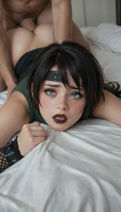 score_9, score_8_up, score_7_up, score_6_up, gothic, pale skin, light blue eyes, black hair, hair, bangs hair, black eyeliner, black lipstick, prone bone, moaning, shy, blushing, sweaty, drooling, gripping bed sheet, huge creampie, waist, hourglass figure, assjob, dick deep inside her ass, dick in her ass, cum in ass and back, laying on stomach, black hoodie man grabbing her head, interracial, fat man, 4ng3l, yuffie, kisaragi, headband, sleeveless, turtleneck, shoulder, armor, armguard, fingerless, gloves, tan, shorts, single, thighhigh, fishnets, socks, sneakers, moogle, animal, hood, white, cloak, yuffie_kisaragi, yuffie_outfit, <lora:add-detail-xl:.5>, <lora:SDXL_BetterFaces-LoRA_v1:.5>, <lora:yuffie_sdxl_V1-000010:1>