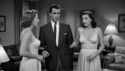 Black & white photography, 1950's sitcom, sexy irish woman, (wearing a skimpy nightgown), speaking with a male neighbor, (wearing a suit), (deep cleavage, thick thighs, surprised, embarrassed, 1950's living room film set background)