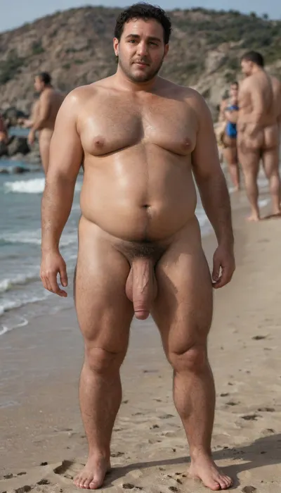 Feminization. Gay porn, one person, solo, Bisexual chubby man, A very feminine old chubby man, Full body photoshoot, stockings, naked, showing, his, face, and, cock, beach, (big round ass, Wide hips, thick thighs in stockings), (very hairy men's belly button:1.5), (very hairy mens breast:1.5), crowd naked peoples, <lora:FaceAndCockV2:.5>
