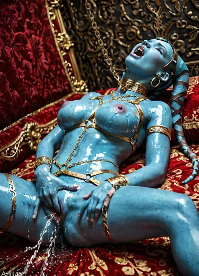 aayla secura, blue twilek jedi, extremely curvy hourglass figure, blue skin, tall, look of ecstasy on her face, erotic, gold harness, gold chains, oiled up, natural breasts, breast exposed, erect nipples, smooth pussy, arched back, gold body jewelry, laying down, spread legs, screaming orgasm, squirting, body jewelry, body chains, detailed background, fingering, pussy, <lora:2FingersSDXL_v03:.5>