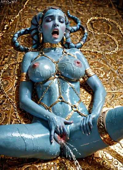 aayla secura, blue twilek jedi, extremely curvy hourglass figure, blue skin, tall, look of ecstasy on her face, erotic, gold harness, gold chains, oiled up, natural breasts, breast exposed, erect nipples, smooth pussy, arched back, gold body jewelry, laying down, spread legs, screaming orgasm, squirting, body jewelry, body chains, detailed background, fingering, pussy, <lora:2FingersSDXL_v03:.5>