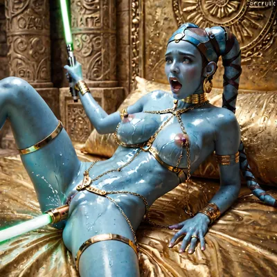 aayla secura, blue twilek jedi, extremely curvy hourglass figure, blue skin, tall, look of ecstasy on her face, erotic, gold harness, gold chains, oiled up, natural breasts, breast exposed, erect nipples, ((using the hilt of a green lightsaber as a dildo to fuck herself)), smooth pussy, arched back, gold body jewelry, laying down, spread legs, screaming orgasm, squirting, body jewelry, body chains, detailed background, fingering, pussy, <lora:2FingersSDXL_v03:.5>