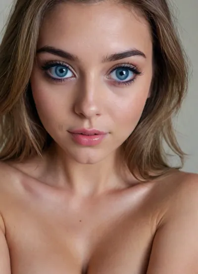 1girl, (the most beautiful sexy woman, model:2), 19yo, stunning face, euro Hawaiian beauty, professional makeup, (large eyes:1.8), (blue eyes:1.5), wavy thick brunette black hair, perfect face, perfect body, (naked:1.1), slim body, slender, slim waist, fantastic perky tits, amazing erect nipples, (sexy smile on her face:1.4), small nose, tanned, (oiled body:1.5), <lora:Her_Eyes:.7>