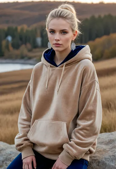 (masterpiece, best quality:1.2), 1 woman is swedish film character Rebecka Martinsson, blue jeans, (wearing a detailed shimmering dark beige velvet oversize hoodie, long sleeves, big earrings:1.5), outdoors, white blonde hair, bright ice blue eyes, short haircut with side parting, hair tucked behind ears, sits on a stone in autumn swedish fjell landscape, photorealism, looks into the distance at a beautiful sunset, serious look