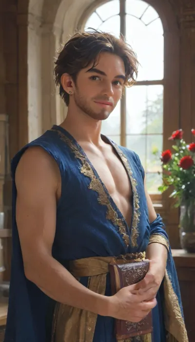 The image is drawn like an illustration in a book. A very tall and noble king stands in a beautifully decorated and royal bedroom with large windows. He is a mature 35 years old and very handsome. He has a comanding look on his face. He is fully dressed in noble clothing, with a broad chest and Muscular arms. Scruffy dark facial hair. Dark features. Brown eyes and dark brown hair. He is smiling and looking down at the viewer. There is a vase of small red roses. It is a beautiful sunny day outside.
J_illustration, <lora:法式插画XL:1.5>