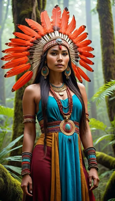 a young woman standing in a lush, enchanted forest with a fantastical and vibrant backdrop. She is dressed in elaborate, traditional attire reminiscent of indigenous or tribal cultures, featuring a fringed, golden-brown dress adorned with intricate red and blue patterns and beadwork. Her outfit includes arm bands and a necklace with turquoise and gold details, and she wears a striking headdress made of red feathers, adding a regal and ceremonial aura. Her long, dark hair flows down her back, complementing her poised and serene expression.
The setting is a verdant jungle with towering, baobab-like trees with thick trunks and sprawling green canopies, creating a sense of ancient, untouched nature. The ground is covered in lush grass and rocks, with several small, furry animals—possibly otters or similar creatures—gathered around her, looking up attentively, suggesting a harmonious connection between her and the wildlife. In the background, mist-covered mountains rise majestically, with waterfalls cascading down and an ancient stone temple or ruins visible on a distant hill, adding a sense of history and mysticism.
The sky above is a breathtaking blend of colors, with a glowing sunset or sunrise casting pink, purple, and orange hues, intersected by shimmering auroras or celestial lights, creating an otherworldly and magical atmosphere. The overall composition combines elements of nature, spirituality, and fantasy, evoking a sense of peace, power, and connection to the natural and cosmic world.