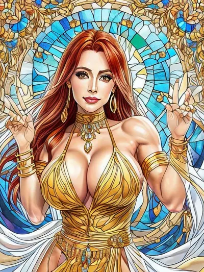 Carol is a Beautiful fit, muscular, (bodybuilder), 32 yo woman with very long bright red strait hair, (redhead), fit muscular, large breasts, very large firm round fake boobs, enormous boobs, gigantic torpedo boobs, 10000cc saline implants, biggest breasts every, (34dd boobs), firm breasts, hip length hair, long hanging yellow Citrine pendant between boobs, bright yellow painted nails, bracelets, bangles, rings, shiny armbands, jewelry, Wooden painting frame, in a white transparent off shoulder robe, poses like a slut, professional pose, perfect hands, 5 fingers, flawless fingers, white walled Greek village, blue domed roofs, Louis, Comfort, Tiffany, Style, page, stained, glass, painting, blh, <lora:Glass paintingV1-000016:.5>