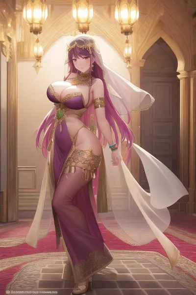 High resolution anime illustration, full view portrait, of a beautiful Arabian dancer performing in a luxurious harem, dressed in flowing translucent silk veils and traditional Middle Eastern dance costume. She dances gracefully with colorful silk veils, creating ethereal waves in the air. The scene unfolds in a luxurious interior with ornate Arabic architecture decorated with intricate geometric patterns, arched doorways and mosaic tiles. Warm lighting from hanging bronze lamps and candles creates a magical atmosphere. Rich jewel tones of ruby, sapphire and emerald in textiles and decorations.Anime style style, soft warm lighting, detailed textures, resolution 8k High quality, 4k. Soft warm light, commercial, professional quality, <lora:xl_more_art-full_v1:.5>, <lora:dunhuangV3:.5>