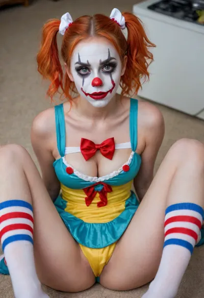 young beautiful girl 18 years old clown girl with big breasts, wearing a pulled-up dress without any underwear, laying on her back with spread legs, no panties, long striped socks, clown makeup, skinny, white face paint, detailed vagina, looking at the viewer, back long high twin multi-colored ponytails, excited, aroused, tack sharp, 4k, dslr