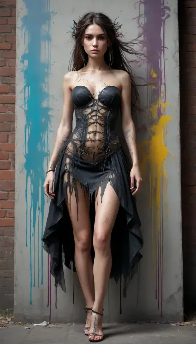 A full body shot woman with a black velvet dress, ((full body view)), skin, unreal black hair, perfect eyes, in the goth Art, Jean-Baptiste Monge + Jessica Rossier + Brian Froud, Award-Winning Render, Unreal Engine 3D, Symbolism, Colorful, Polished, Complex, UHD, D3D, 16K", full-color painting of biomechanical cyborg, (((Graffiti art), (by Carne Griffiths))), black magic background, insane details, intricate details, hyperdetailed, low contrast, soft cinematic light, exposure blend, hdr, front