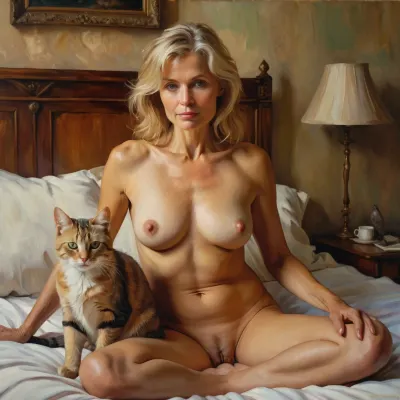 Painting of a 55 year old ash blond woman sitting naked on her bed cuddling with a cat.
William McTaggart Style, Oil Painted Poetry, face visible, Cinematic, dramatic, <lora:William McTaggart Style:1.2>