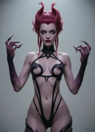 Evelynn from league of legends, demon, purple skin, slender, sharp claws, glowing blue eyes, long magenta hair, shadowy aura, revealing outfit, sinister smile