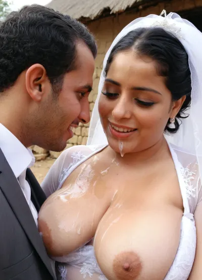 cum on face, sfw, close up image of iranian couple in wedding, sad iranian groom, happy curvy iranian girl, in sheer white wedding dress and suit. talking, in african village. non nude.