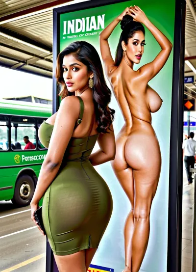 25 years old, perfect Super voluptuous hourglass figure, enormous breasts, sexy lips, round ass, Curvy thick thighs, beautiful Indian Bengali Actress, (wearing a thin Skin-tight green one-shoulder bodycon mini dress, No underwear is worn), (Standing next to a giant nude poster of herself on a large commercial display board in a crowded Indian bus terminal, A commercial display board displays a pornographic magazine with her nude on the cover:1.2), Perfect anatomy body, ultra detailed face, ultra detailed eyes, anatomically correct, masterpiece, best high quality, ultra details, realistic, huge, breasts, massive, <lora:SDXL_MassiveCowsLoRA_v1:.5>