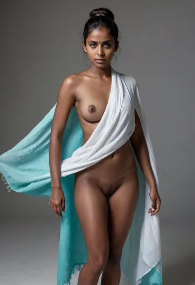 dark skinned indian woman, Woman naked, face covered with white shawl, artistic, post mode, dark setting, front view full body, messo morph body, vertical, symmetrical body, anatomical body, hair pony tail, covered in shawl, arms dynamic pose, palm hands facing forward, cured body, 26 years old, looking at camera. Two points lighting, red and turquoise teal light, soft rim lighting, neutral background