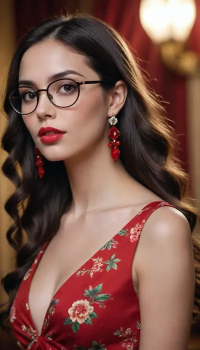 An illustration of a girl with long dark hair wearing a red dress with a floral pattern. She wears large glasses and looks to the side, lifting them slightly with her hand. She has expressive facial features, including large eyes and full lips. Jewelry is visible on her neck and long earrings are in her ears.
