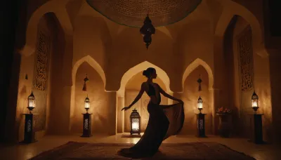"A graceful Arabic dancer performs in a dark, opulent harem chamber, inspired by the atmosphere of Dune. The dancer, a woman of elegant, flowing form, is adorned in intricate, gold and silver jewelry, her attire a combination of silk and velvet, draped in exotic patterns. She moves fluidly, her arms and hips swaying rhythmically to the music, while her face is partially veiled in mystery. The dim, ambient light from candles and lanterns casts long, dramatic shadows across the richly decorated stone walls, adorned with Arabic calligraphy and intricate tile patterns. The atmosphere is tense and hypnotic, filled with the mystique and sensuality of the desert. The architecture is grand, with high arches, domed ceilings, and hanging tapestries. The room is infused with a sense of hidden power and ancient traditions."