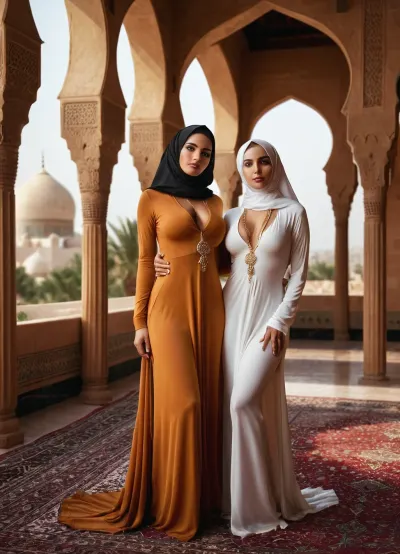 Full body vieuw, multiple_girls, breasts, 2girls, nipples, long very shapely legs, female_pubic_hair, pubic_hair, looking_up, small_breasts, sexy hijab, indoors, sexy thight marocan style gala dress with plunging neckline, arab_clothes, cameltoe, hijab, navel, realistic, brown_hair, jewelry, long_hair, fine_art_parody, blurry, necklace, mosque_background