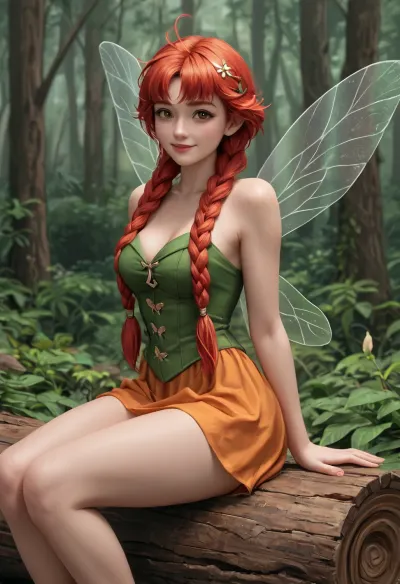 young curvy woman, sitting on a log in a forest, facing viewer, Styled as "Tinkerbell and The Great Fairy Rescue Character" "Fawn", highly detailed body, ((highly detailed face)), (((Fairy wings))), styled after "Tinkerbell and The Great Fairy Rescue Character" Character "Fawn", Nature Orange Outfit, Long Braided Red Hair, ((Big Anime style Brown eyes)), Prominent Freckles, Pale white skin with freckles she should be smiling, breast revealed completely