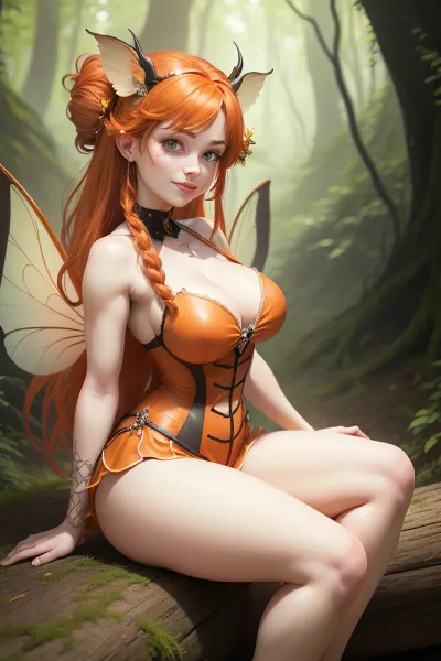 young curvy woman, sitting on a log in a forest, facing viewer, Styled as "Tinkerbell and The Great Fairy Rescue Character" "Fawn", highly detailed body, ((highly detailed face)), (((Fairy wings))), styled after "Tinkerbell and The Great Fairy Rescue Character" Character "Fawn", Nature Orange Outfit, Long Braided Red Hair, ((Big Anime style Brown eyes)), Prominent Freckles, Pale white skin with freckles she should be smiling