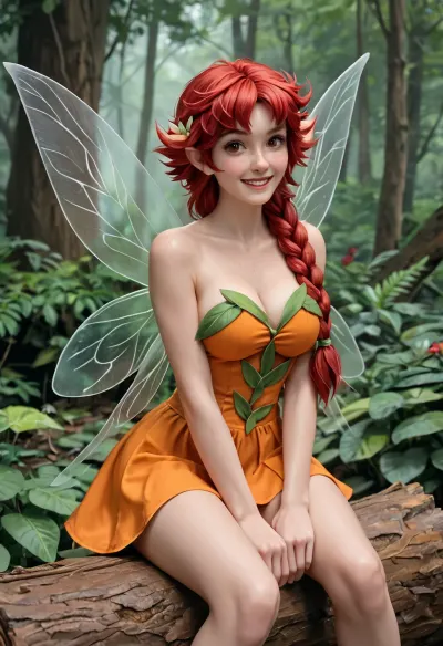 young curvy woman, sitting on a log in a forest, facing viewer, Styled as "Tinkerbell and The Great Fairy Rescue Character" "Fawn", highly detailed body, ((highly detailed face)), (((Fairy wings))), styled after "Tinkerbell and The Great Fairy Rescue Character" Character "Fawn", Nature Orange Outfit, Long Braided Red Hair, ((Big Anime style Brown eyes)), Prominent Freckles, Pale white skin with freckles she should be smiling, breast revealed completely