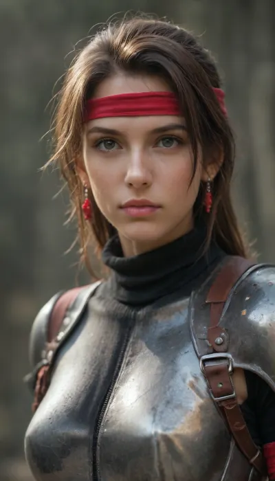 Jessie Rasberry from Final Fantasy VII with brown hair and a red headband and metal armor from the game Final Fantasy VII
