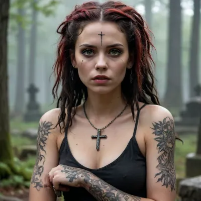 Le murmure de la croix

- Oui.

Une fille aux dreadlocks anthracites ornés de perles d'argile s'attache agressivement à une croix rouillée dans le cimetière. Ses doigts à queue noire grattent le métal, laissant des sillons dans la rouille. Un homme aux lèvres gribouillées et aux crocs se tenait à proximité, ses yeux verts resplendissant de menace. La prêtresse pressait contre la croix, son voile d'or tombait pour révéler des tatouages d'épine sur son cou. Le clair de lune a mis en évidence la tension dans sa pose alors qu'elle chuchotait une malédiction.