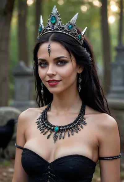 ** Witch girl in a dark night scene.* Her jet-black hair is pulled back in dreadlocks with beads made of clay and silver. His face was thin, his cheekbones sharp, his lips full and red, with a mocking grin that showed his fangs. Her eyes are lined with black, and her pupils glow like hellfire. On the head — a Gothic tiara with amethysts, on the neck and arms — ethnic jewelry with obsidian and turquoise. Her body, with its ample breasts, narrow waist and wide hips, is covered only by a translucent golden cloth that flows over the skin. She stands in the cemetery at night, surrounded by crosses and gravestones, bending over an old marble stone. One hand touches the inscription on the slab, the other is extended in a gesture of incantation. A haze curls around her with the shadows of ravens, and the moon shines a cold light on the stage. The atmosphere is eerie, the sexy curves of the body and the evil look emphasize the mystical threat. Details, ritual scars on the skin, bone bracelets, drapery of cloth exposes the back and shoulders, expression mixes seduction and demonic rage.