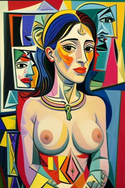 Portrait of woman Oil painting, naked breast, Bright colors, colored, art, (picasso cubism:1.3), surrealism, the Masterpiece, (art By Pablo Picasso:1.3)