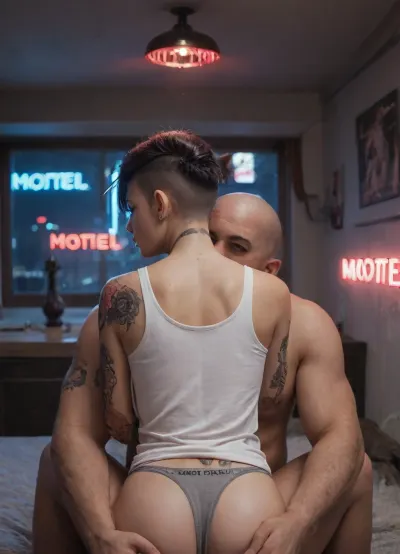 score_9, score_8_up, score_7_up, (UHD 8K, masterpiece, best quality, maximum details, night time, extreme realism, cinematic still), (neon lights), (motel room), beautiful 21 years old asian girl, black hair, (((undercut hair))), short hair, brown eyes, perky breasts, loose white tank top, grey panties, skinny, pale skin, (((tattoos))), purple lipstick, black manicure, black pedicure, (muscular old bald man), (pov), (facing away:1.5), (sitting on lap:1.4), (kissing)