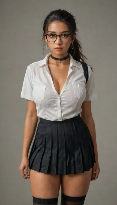 (Extremely slutty 21 yo Moroccan woman:2), (((young girl:1.1))), ((photo taken in black studio)), perfect lighting, (best shadows), (8K, UHD, sharp image, (best result), lighting, Best quality, Ultra detail, Fine detail, High resolution, Wallpaper 8k, Masterpiece), Upper-body portrait, from chest to head, (Skinny with big round breasts:1.2), ((Large breasts:1.2)), (((Thick, Petite, Little:1.5))), ((Moroccan thick model with dark tan skin:1.4)), stylized eyebrows, flat nose, full lips, warm olive-toned skin, black hair, huge tits, skinny waist, thick thighs hour glass figure, beautiful, blush, ponytail, black-framed glasses, black leather choker, korean-style pleated gray velvet skirt, wearing a tight korean-style pleated gray velvet skirt, chunky knit school uniform thigh-high socks with black stripes, height 130cm, very narrow waist, wide hips, large chest, white short-sleeved golf polo shirt, brown school uniform loafers, school backpack, (AS-YoungV2 = 100%), black, eyes, perfecteyes, <lora:PerfectEyesXL:1.5>