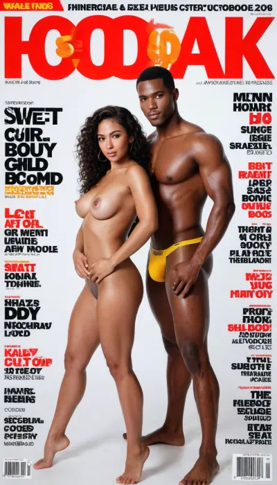 Couples MAGAZINE COVER with title, Beautiful moroccan Venezuelan Filipino girl, ((sweaty oily skin, petite curvy sweaty juicy body sweaty oiled body)), wavy hair, underwear outfit, magazine front page, sexy cuddle sexual romance pose with black African American husband, sweaty legs, interracial couple sexual pose edition