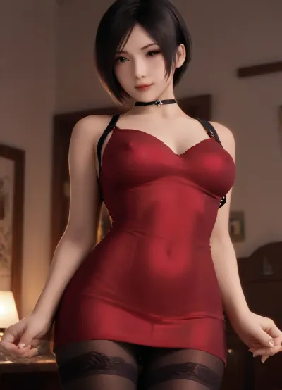 high image quality, (neat hands), blush, smiling sweetly, standing, leaning back, provocative pose, very tight clothes, protruding nipples, black translucent lace tights, re, ada, wong, re 2, style, short lace dress, re4, incognito, bottom view, <lora:re ada wong:1.2>