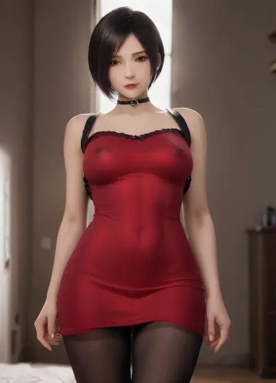 high image quality, (neat hands), blush, smiling sweetly, standing, leaning back, defiant pose, very tight clothes, clothes slightly translucent, strongly protruding nipples, skin glistens, black translucent lace tights, re, ada, wong, re 2, style, short lace dress, re4, incognito, bottom view, <lora:re ada wong:1.2>