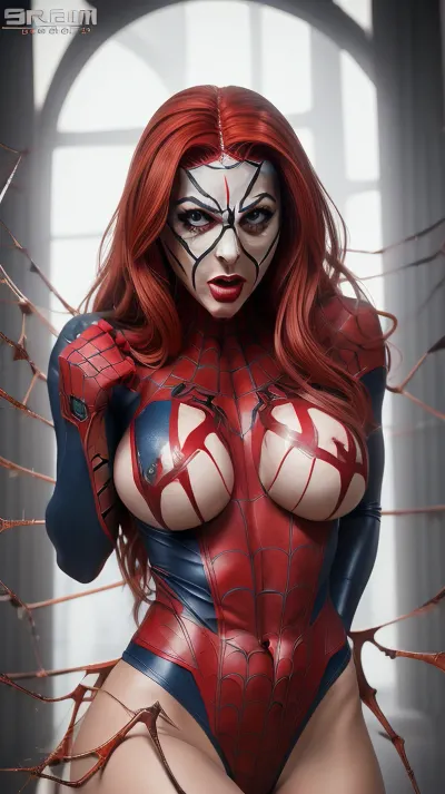 Spider-girl cosplay, orgasm, full show naked athletic body, erect huge tits, big lips, erect big nipples, show erect huge hole vagina, clean pussy, 4k definition, creative