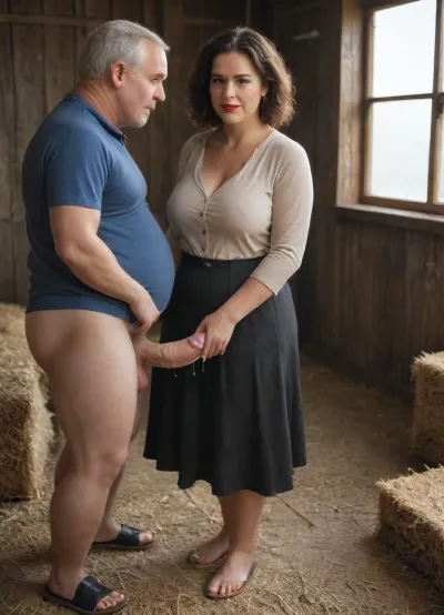 ((Fat old man with big thick cock, fully clothed)), lifted milf's skirt, fucked her in hairy cunt, mature gorgeous milf in hay barn, ((hairy privates)), ((cum)), full body view, perfect hands, perfect fingers, perfect anatomy, realistic skin, pores on skin, freckles, moles, spots, wrinkles, black eyelashes, red lipstick, <lora:SDXL Detail:.5>, <lora:add-detail-xl:.5>, <lora:xl_more_art-full_v1:.5>, detailxl