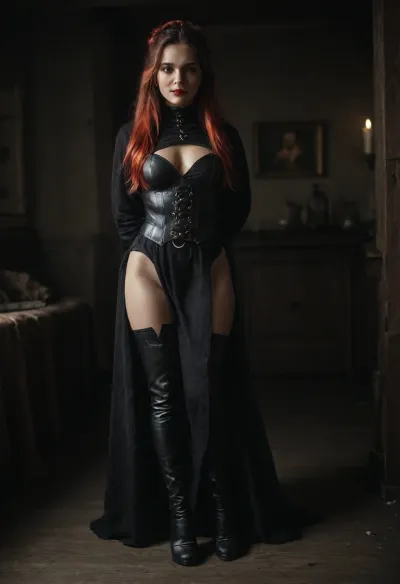 (photorealistic, photo realistic, photorealism, extreme realism, photo realism:1.8), (4k, 8k, 8k resolution, best quality, ultra quality, highest quality, maximum quality, uncompressed, raw source photograph:1.2), (detailed skin, high detailed skin, intricately detailed skin, perfectly detailed skin, high quality skin, highest quality skin, exquisitely textured skin), (intricate clothing, detailed clothing), (long hair in a messy bun framing her face, fiery red hair:1.3), (athletic body, sporty body, lean body, fit body, hourglass figure, massive ass), seductive standing pose, thick legs, natural lighting, (((thigh high leather boots))), gloves, belt, seductive smile, ((red lipstick)), smoky eyes, long black eyelashes, sexy, corset robe, in a, ((dark purple long dress with cut outs at the hip)), ((a robe with a hood)), chocker jewellery, gold earrings, front body view, eye contact, medieval witch, medieval bedroom, (((full body))), legs crossed, hands behind back, <lora:580159_training_data:.5>, <lora:dark:.5>