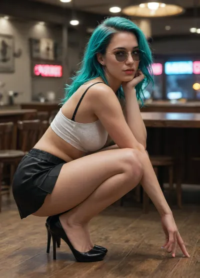 "A person is crouching on the edge of a sturdy wooden table, their back facing the edge. Their feet are positioned on the table's rim, while their arms rest casually on their knees. They are wearing black open high heels with at least 14 cm heels, accentuating their legs. A tight mini skirt hugs their figure, paired with a form-fitting yet elegant top. The scene is presented in cinematic 8K quality, illuminated by neon lights in shades of purple and turquoise. The glow casts vibrant reflections on the table’s surface and creates a striking contrast between shadows and highlights. The background is minimalist and slightly blurred, enhancing the futuristic and mysterious atmosphere. The entire composition has a film-like depth, immersing the viewer in a visually captivating, cyberpunk-inspired aesthetic."