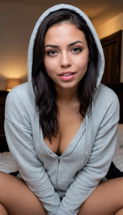 intimate front view of a naturally beautiful 21 year old Colombian woman, dark skinned, mixed race, mestizo, leaning forward, deep cleavage, small breasts, tiny tits, crawling towards camera, wink, winking eye, wearing a loose black oodie, bending forward, crawling on elbows, crawling, finger on her lip, shush, shushing, dripping saliva, wavy hair, black hair, no makeup, the hood on her head, loose thick oodie, hood up, deep hood, thick clothes, baggy clothes, baggy cozy hoodie, hood on, detailed face, extremely detailed eyes, stunningly sexy, amazing nose, no underwear, no bra, deep shadows, biting her lip, piercing, cozy, extremely low light, bedroom, seductive, moody lighting, super deep cleavage, dark lighting, natural, super realistic, dark shadows, open mouth, seductive look, sexy as hell, smile, candle light, romantic, oodie, <lora:Low-key lighting Style:.5>