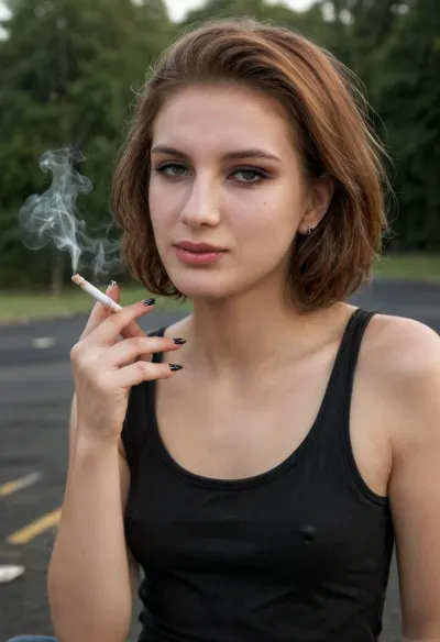 A trashy goth, smiling 18 year old woman with short, auburn hair gives a handjob wearing a black thong in a dark parking lot., (((Smoking a cigarette))), ((runny mascara:1.3)), wearing a black Marilyn Manson tank top. She also wears a dainty silver necklace with a small pentagram pendant resting just above her collarbone., braces, smokinglora, braless, Wearing, clothes, that, make, sense, with, Braless>, Detailed, natural, skin, and, blemishes, without-makeup, acne, <lora:braces-sdxl:1>, <lora:smoking_v2:.7>, <lora:bralessSDXL_v1_00022:.6>, <lora:skin_4-000015:.5>, <lora:315758_training_data:.8>