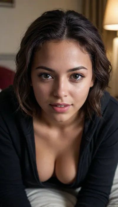 intimate front view of a naturally beautiful 21 year old Colombian woman, dark skinned, leaning forward, deep cleavage, small breasts, tiny tits, bending over towards camera, bending forward, resting on elbows, crawling, wavy hair, partly braided, black hair, no makeup, wearing a loose black hoodie that's too big, loose thick hoodie, baggy clothes, hood on, detailed face, extremely detailed eyes, stunningly sexy, amazing nose, no underwear, no bra, deep shadows, biting her lip, piercing, cozy, very low light, bedroom, seductive, moody lighting, super deep cleavage, dark lighting, natural, super realistic, dark shadows, open mouth, seductive look, sexy as hell, smile