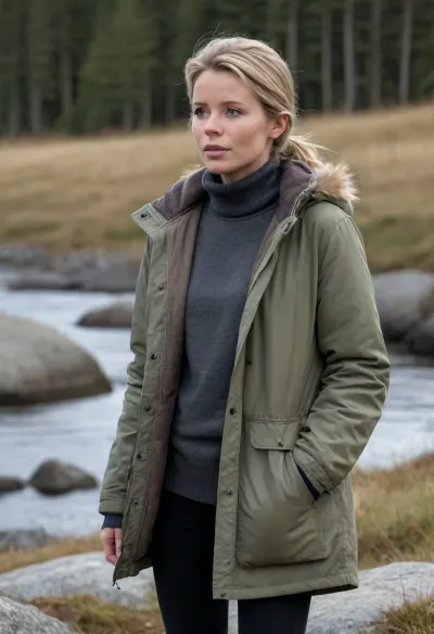 (masterpiece, best quality:1.2), 1 girl, swedish film character Linda Wallander, solo, blue jeans, hiking boots, (wears an open khaki-colored parka and an anthracite cashmere turtleneck sweater:1.4), outdoors, dark blonde hair, bright ice blue eyes, shoulder lenght hair in short ponytail or or chignon hair, standing in early spring swedish landscape on Baltic Sea beach, she looks into the distance, serious look, photorealism