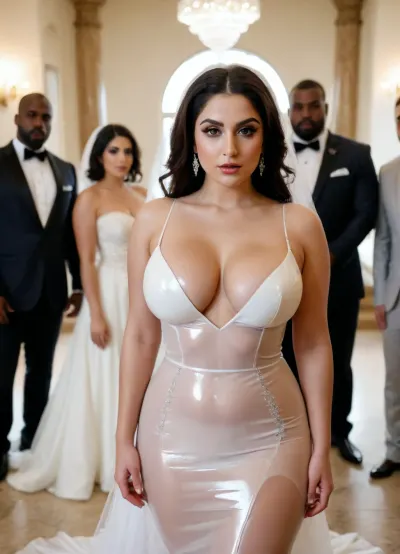 A professional romantic wedding photo of a curvy Iranian slut bride in a sexy and erotic white sheer latex wedding dress, next to several big, muscular black men.