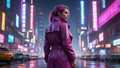 A futuristic cyberpunk city at midnight, neon signs reflecting off rain-slicked streets, a lone figure in a high-tech trench coat standing on a rooftop, gazing at flying cars and holographic billboards. Thunder crackles in the sky, and the air is filled with glowing smog. Deep blues, purples, and neon pinks dominate the scene. Hyper-realistic, sci-fi concept art style.