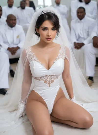 a close up image of Iranian curvy bride face in a sexy and erotic and elegance white plastic sheer transparent wedding dress, sitting on the ground, in the middle of a group of black men, sad face, black men are happy., white, thighhighs, (short, hair:1.7), hair, on, one, eye, frills, puff, sleeves, (white, bridal, dress, veil:1.5), tongue, out, ahegao, drool, <lora:Nier_Automata_2B_White_Wedding_Dress_Bride_Cosplay_Realistic_LoRA:.5>, <lora:ahegao_mr_chrisma:.6>
